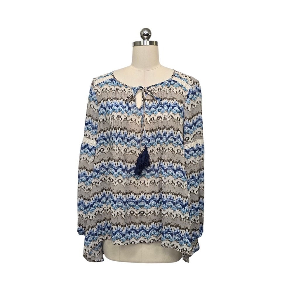 Sundance Silk Peasant Blouse Blue Grey Ikat Chevron Tassel Tie Lace Trim Large